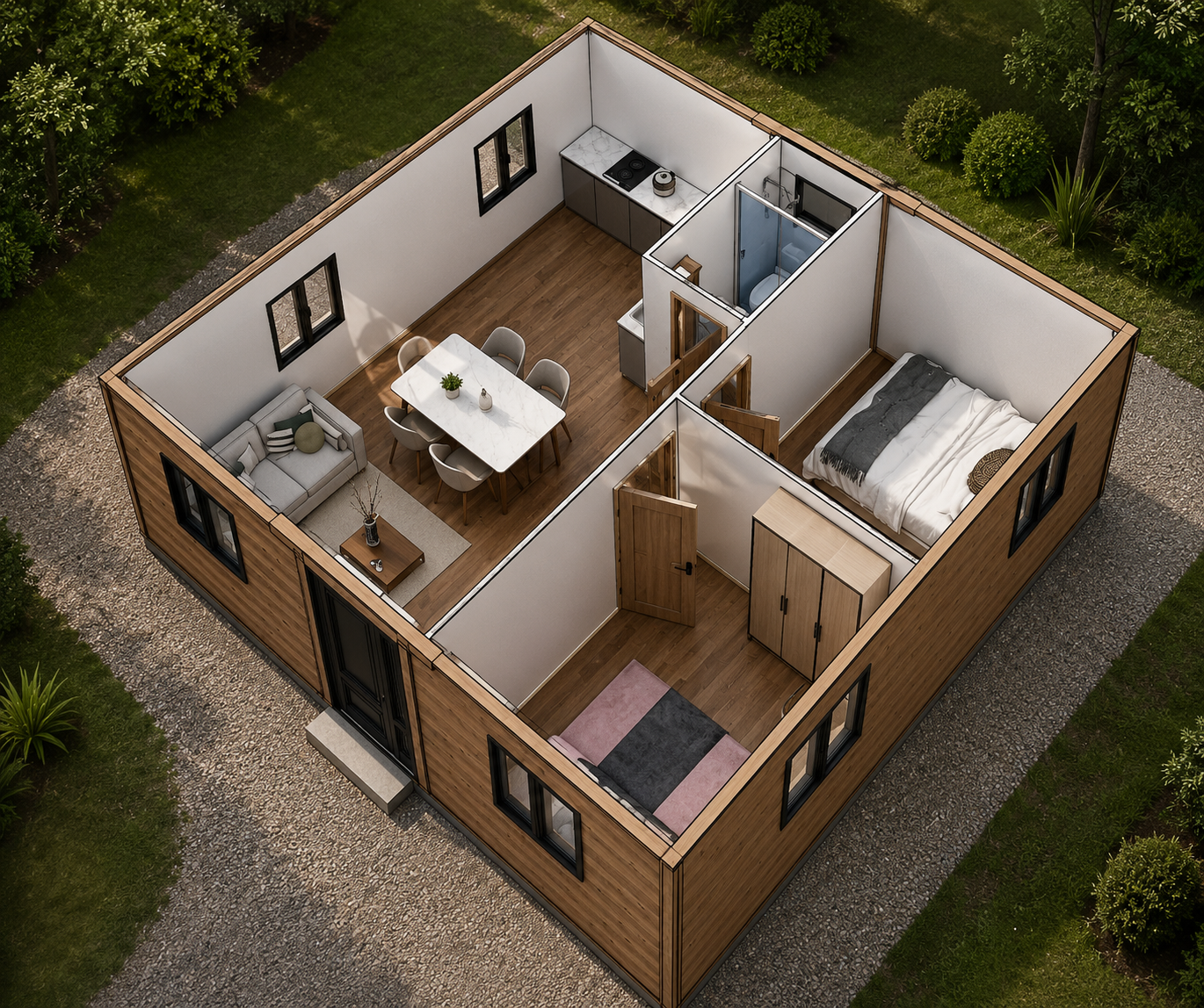 Distribución modelo 36 m², vista isométrica