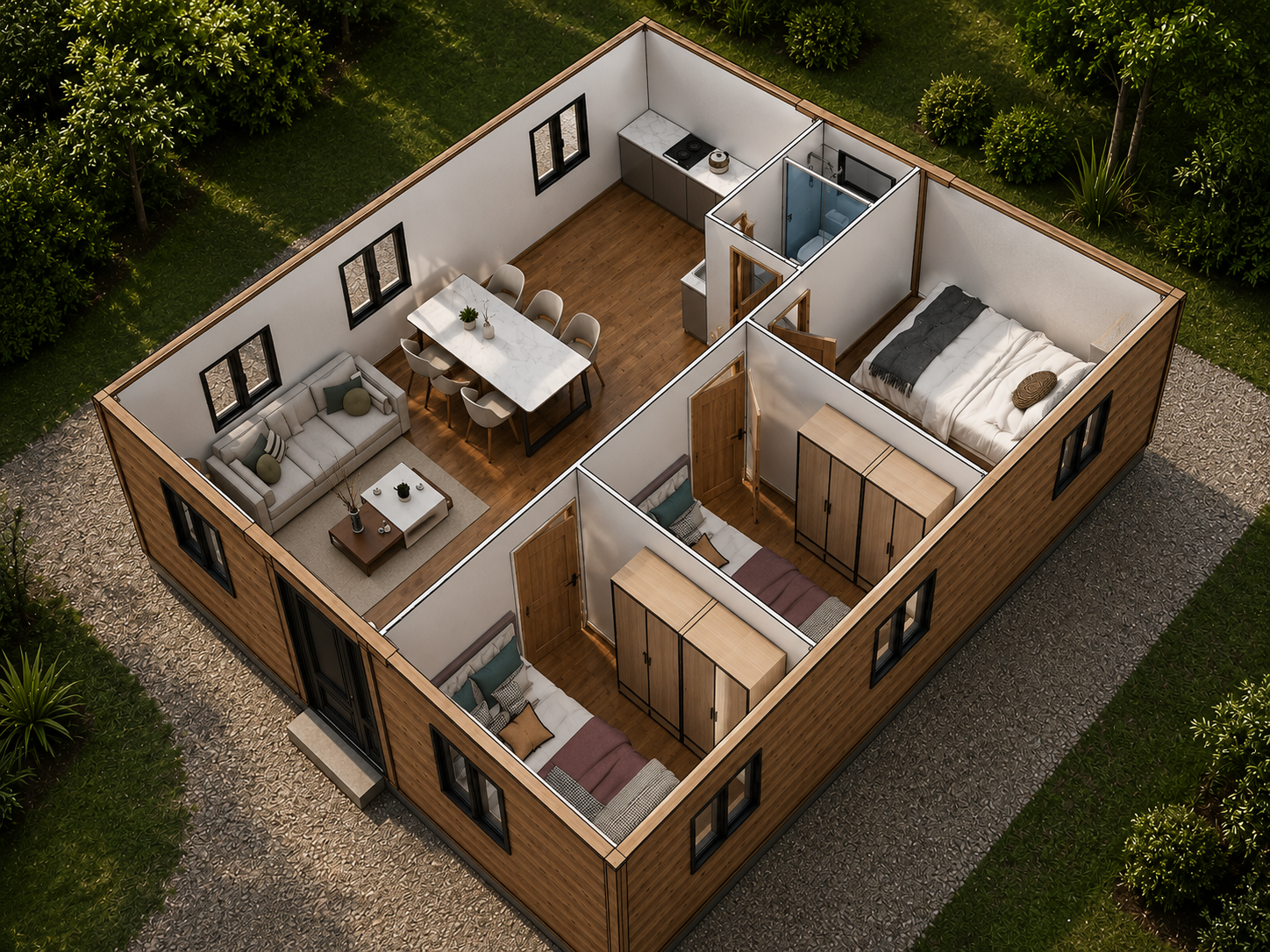Distribución modelo 54 m², vista isométrica